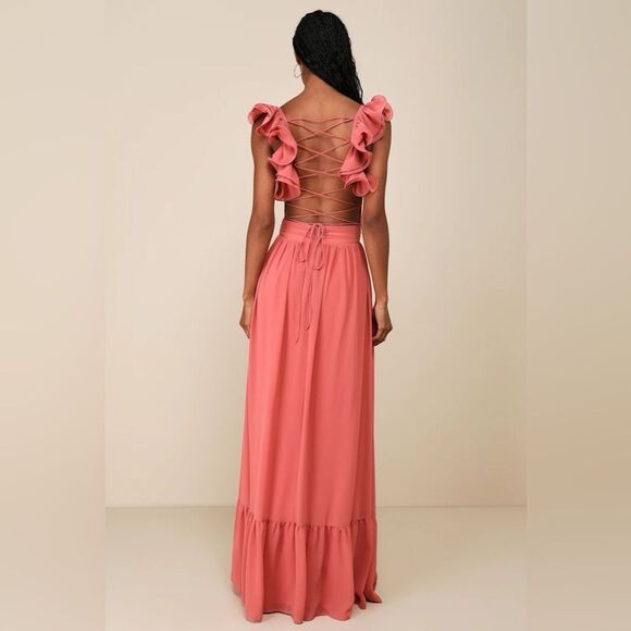Lulus Soiree Celebration Rusty Rose Ruffled Lace-Up Maxi Dress Size Medium NEW - Picture 6 of 12